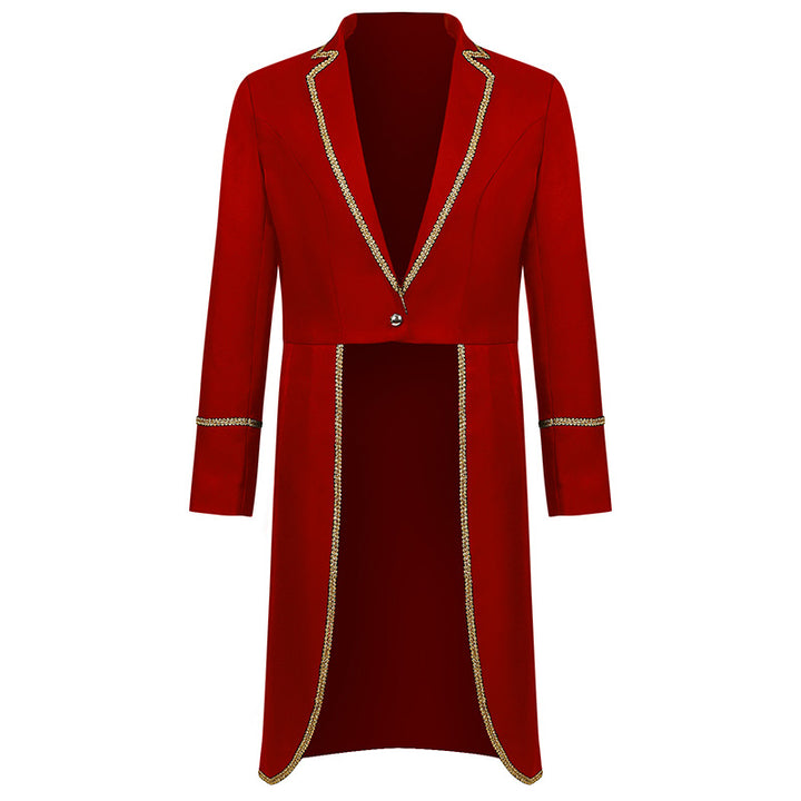 Men's elegant evening tailcoat with short front, curved swallowtail and gold decorative border Mune Fashion