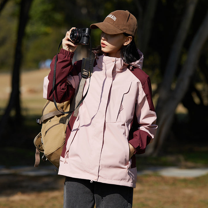 Women two-layer water-repellent outdoor jacket with hood, waist adjustment and contrast piping Mune Fashion