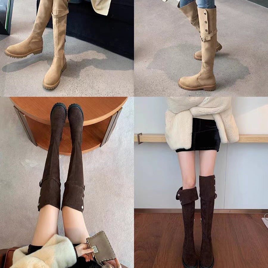 Women Knee-High Velour Winter Boots with Foldable Shaft Edge Lining and Profiled Lug Sole Mune Fashion