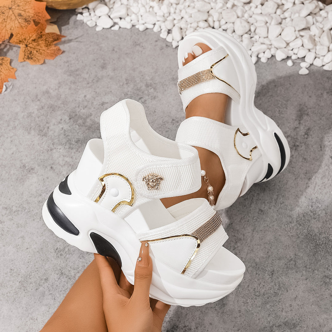 Ladies' chunky platform sandals with ergonomic wave sole, Velcro fastener, and gold decorative applications Mune Fashion