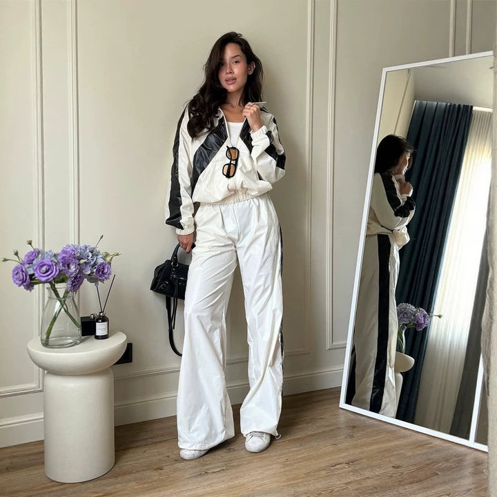 Ladies Sportives Nylon Set with Boxy Zip Jacket and High-Waist Jogger Mune Fashion
