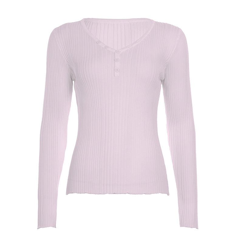 Women's fine-structured ribbed long sleeve with V-neck, Henley button placket, and tailored fit Mune Fashion
