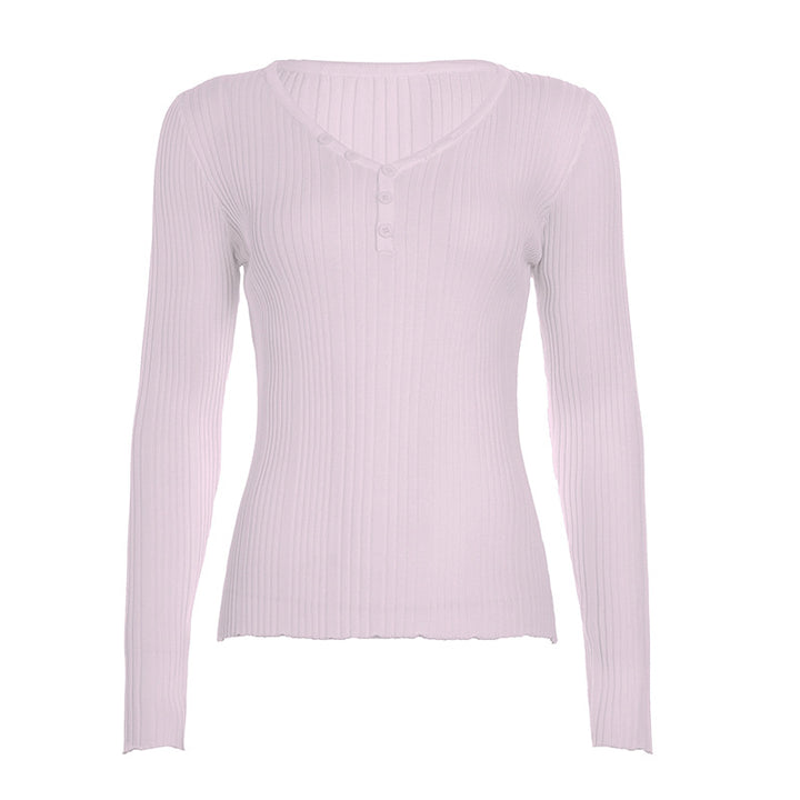 Women's fine-structured ribbed long sleeve with V-neck, Henley button placket, and tailored fit Mune Fashion