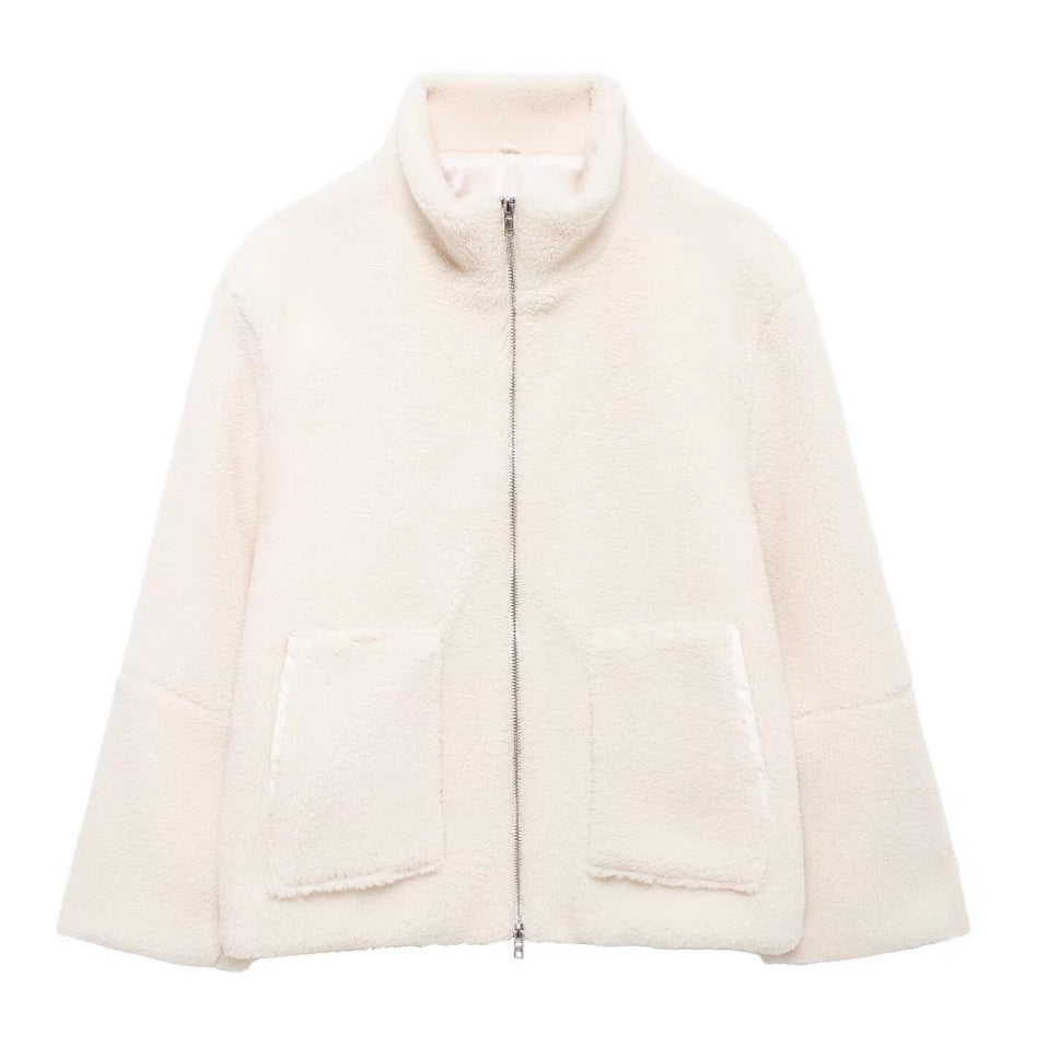 Women's Boxy Teddy Fleece Jacket with Stand-Up Collar, Two-Way Zipper and Patch Pockets Mune Fashion