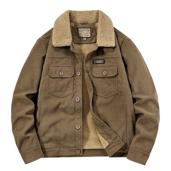 Men's Corduroy Work Jacket with Sherpa Lining, Notched Collar and Snap Button Placket Mune Fashion
