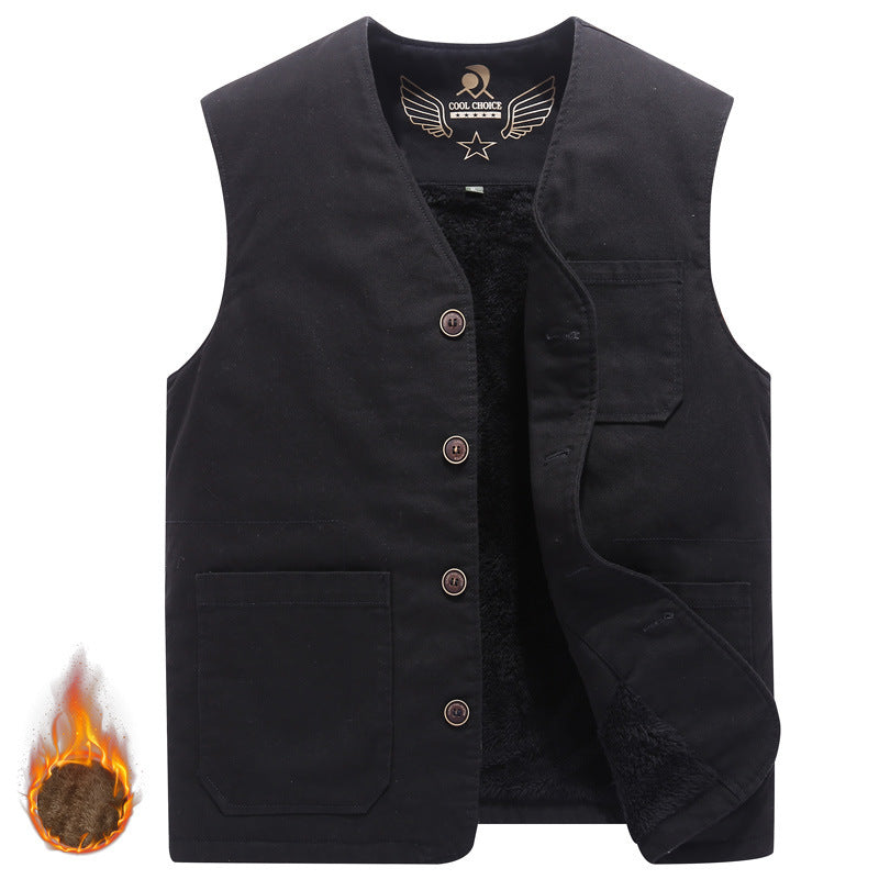 Men's Sleeveless Canvas Teddy Vest with Warming Fleece Lining and Patch Pockets Mune Fashion