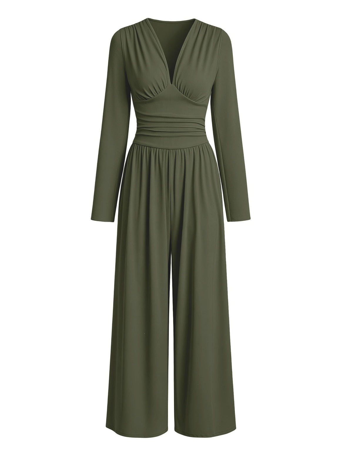 Ladies Elegant V-Neck Jumpsuit with Fitted Wrap Waist and Wide Leg Mune Fashion