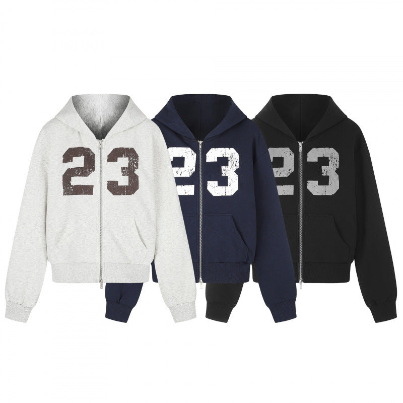 Unisex Lightweight Hooded Zip Jacket with Vintage Numbers Print and Kangaroo Pockets Mune Fashion