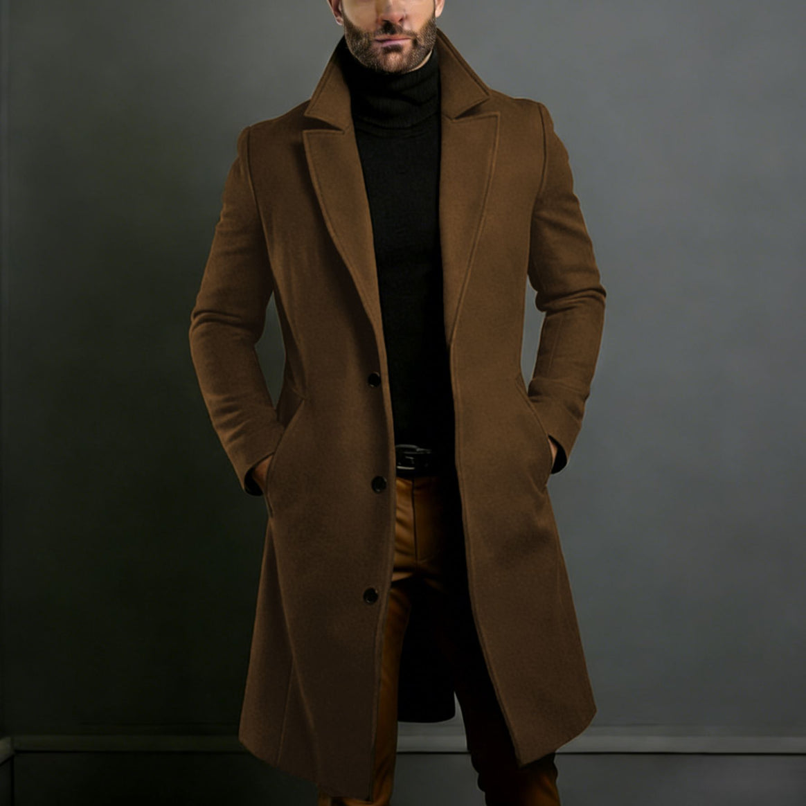 Men's Longer Tailored Wool Coat with Lapel Collar and Flap Pockets Mune Fashion