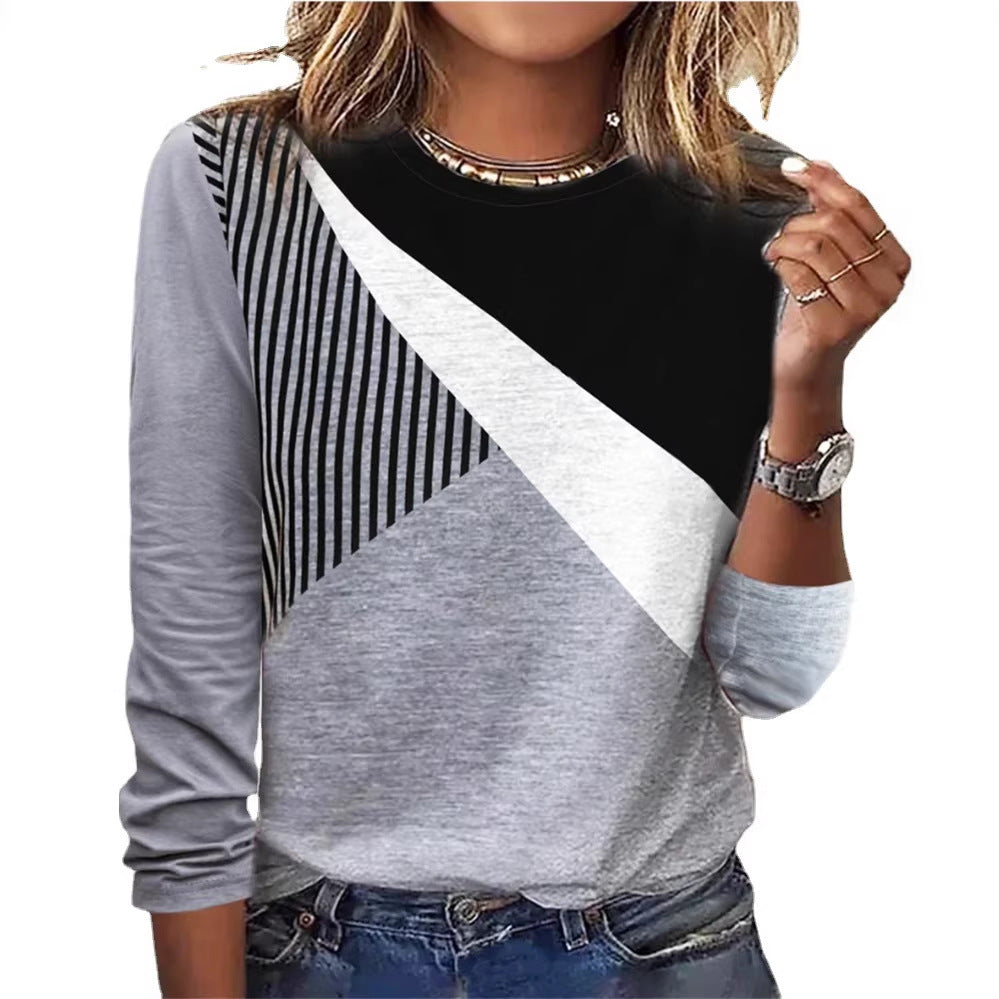 Women's Colorblock Long Sleeve Shirt with Diagonal Stripe Design and Round Neckline Mune Fashion