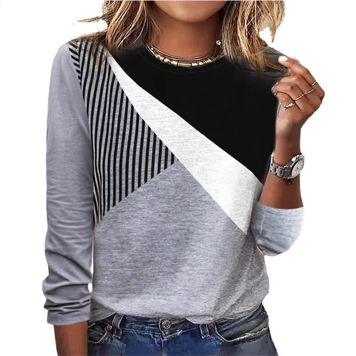Women's Colorblock Long Sleeve Shirt with Diagonal Stripe Design and Round Neckline Mune Fashion