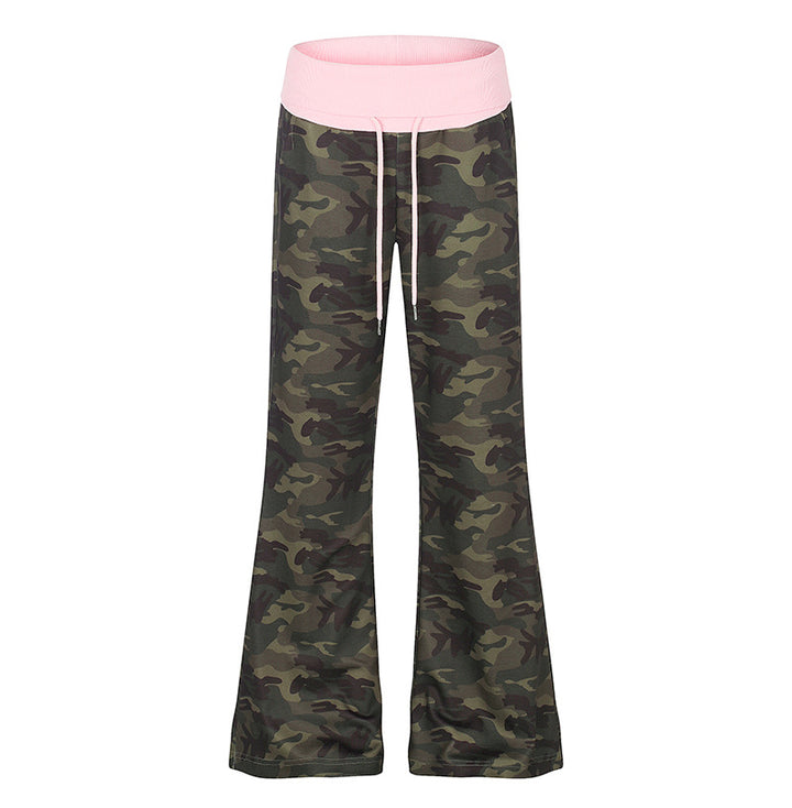 Women's Palazzo lounge pants with high rolled waistband, drawstring, and camouflage pattern Mune Fashion