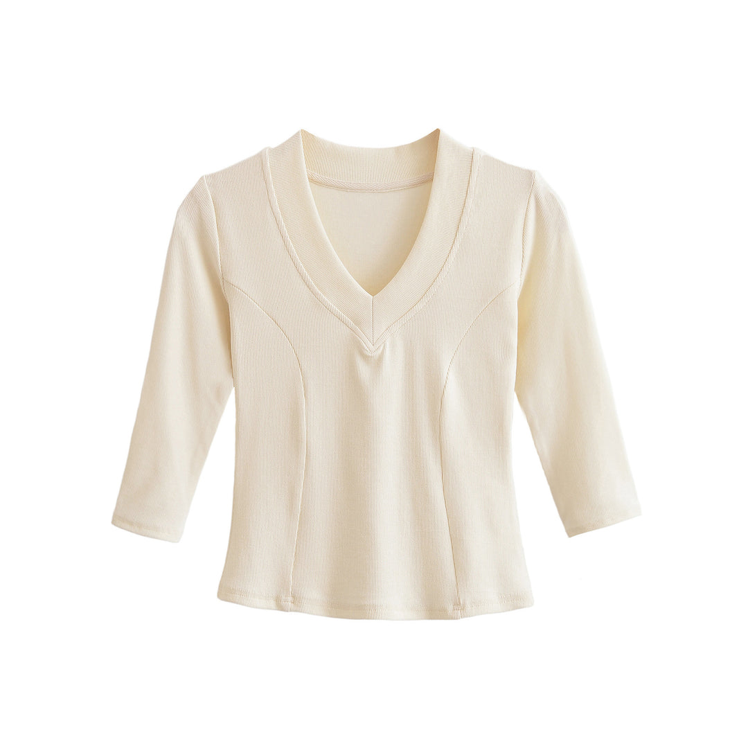 Women's Ribbed Long Sleeve Shirt with V-Neck and Tailored Fit Mune Fashion