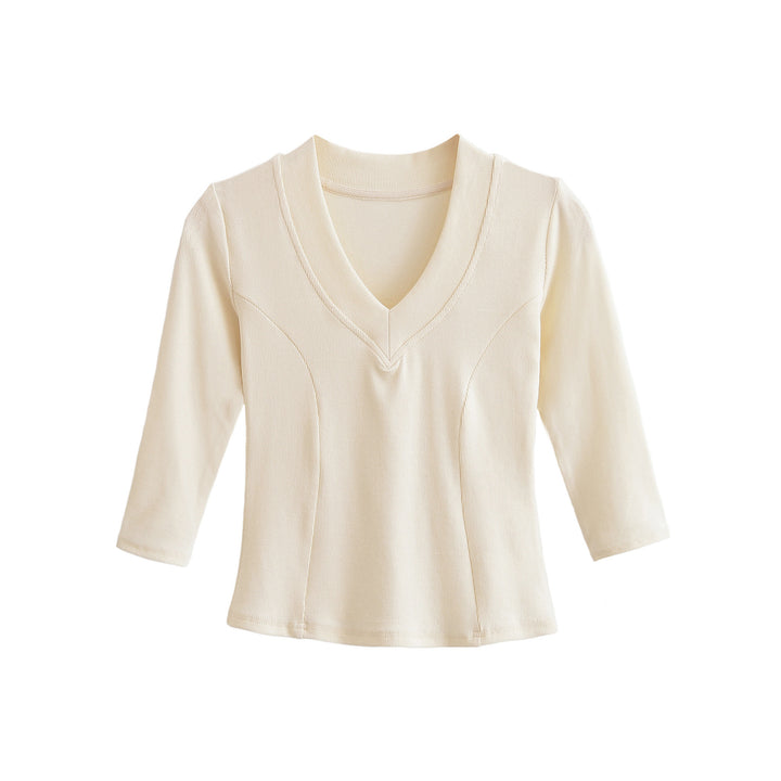 Women's Ribbed Long Sleeve Shirt with V-Neck and Tailored Fit Mune Fashion