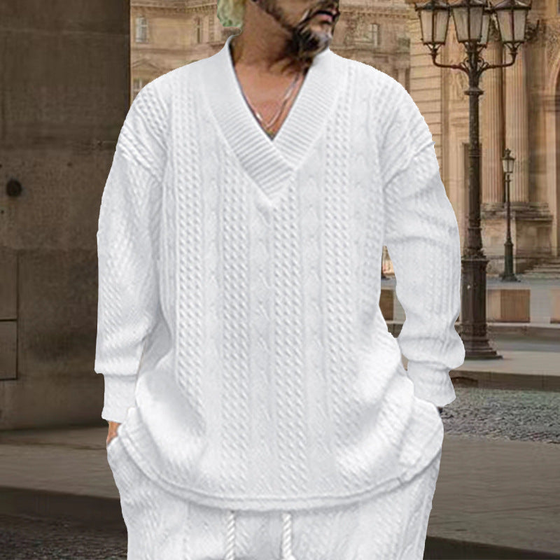 Men's chunky knit V-neck sweater with cable pattern and relaxed fit Mune Fashion