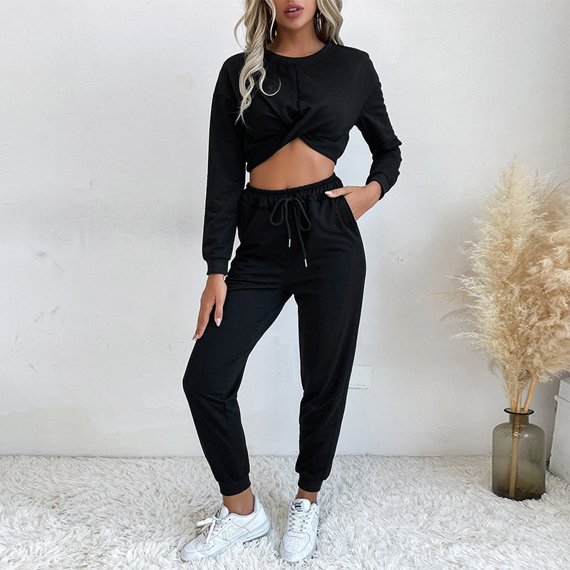 Women's Cropped Loungewear Set with Twist Top and High-Waisted Jogging Pants Mune Fashion