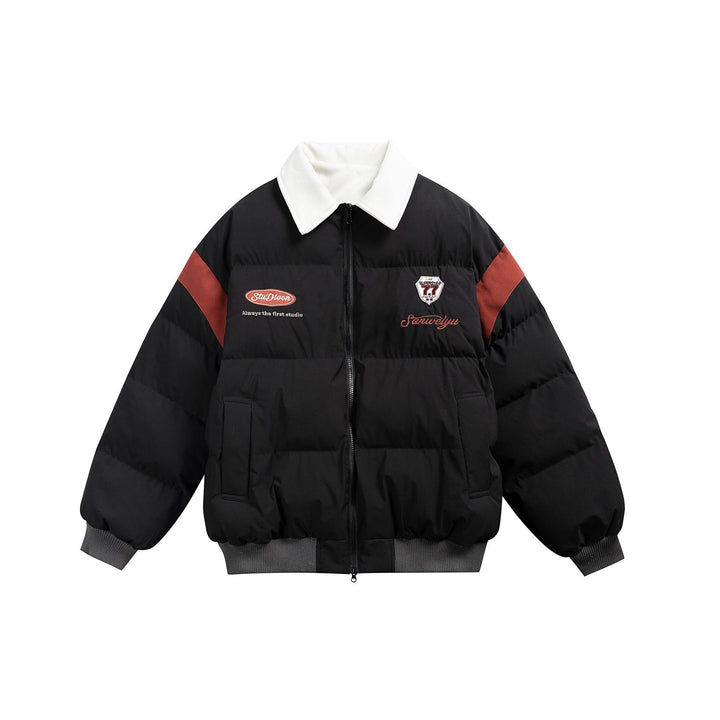 Women's short padded blouson jacket with contrasting collar and embroidery details Mune Fashion