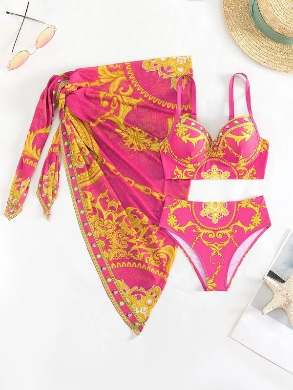 Women's bikini set with elegant pattern mix and transparent beach tunic Mune Fashion