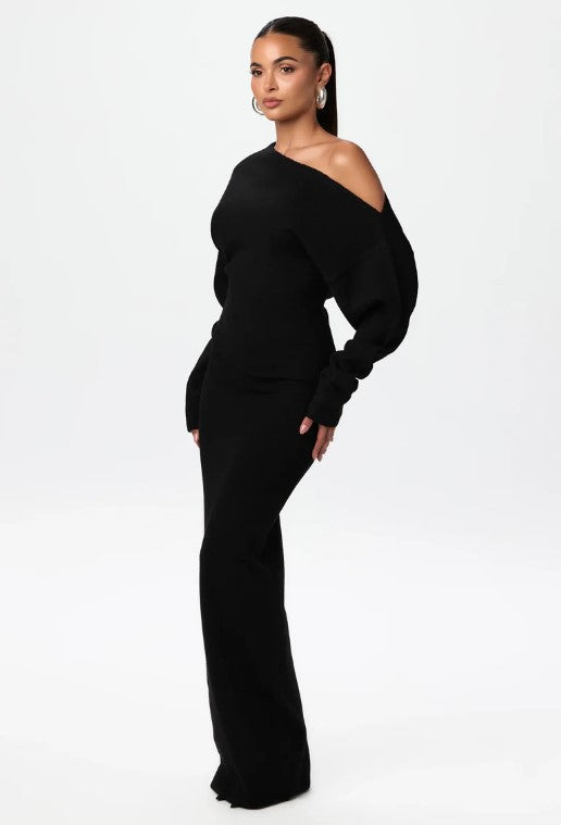 Women's One-Shoulder Maxi Knit Dress with Oversized Sleeves Mune Fashion