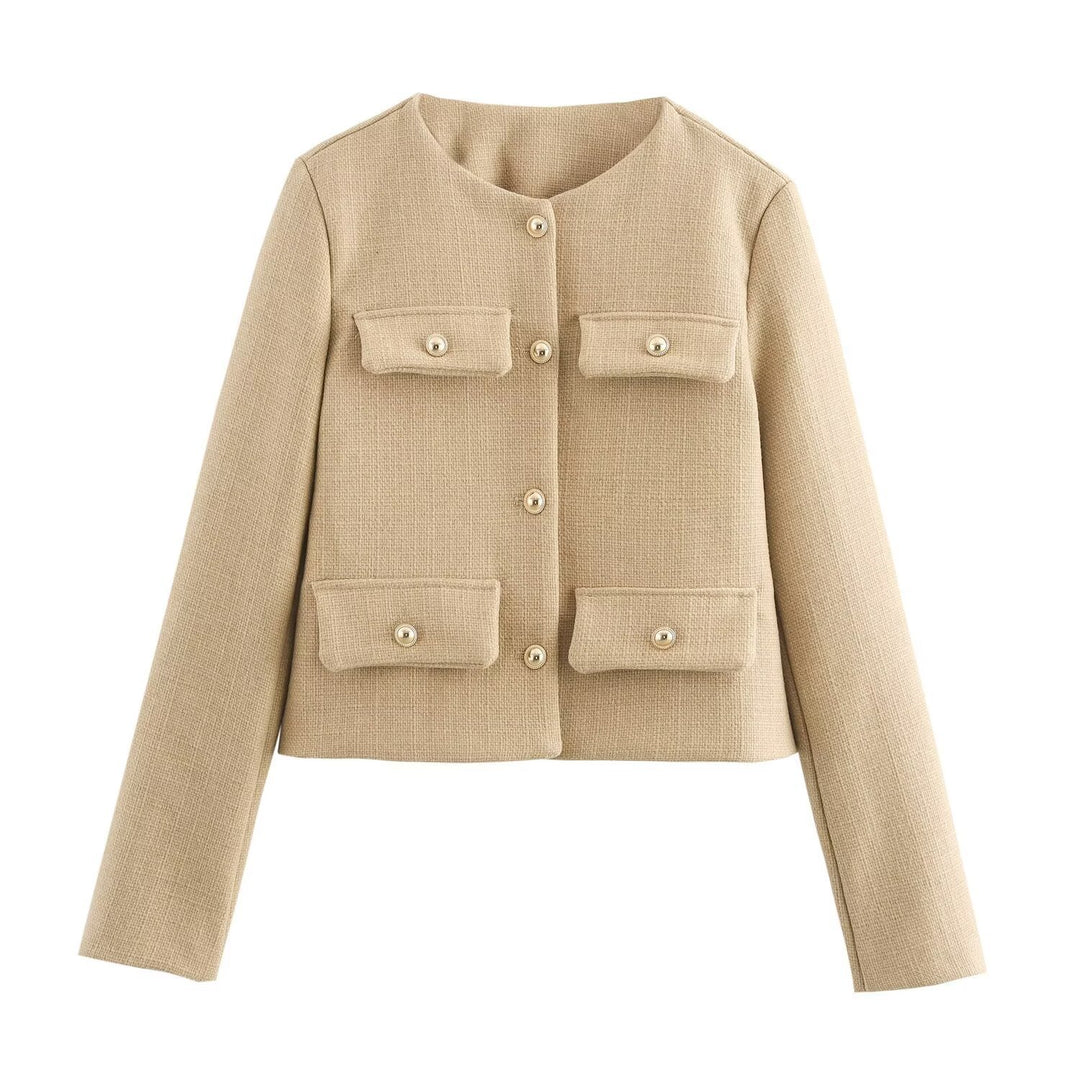 Women Short Boucle Blazer Jacket with Round Neck, Decorative Pocket Flaps, and Gold-Colored Buttons Mune Fashion