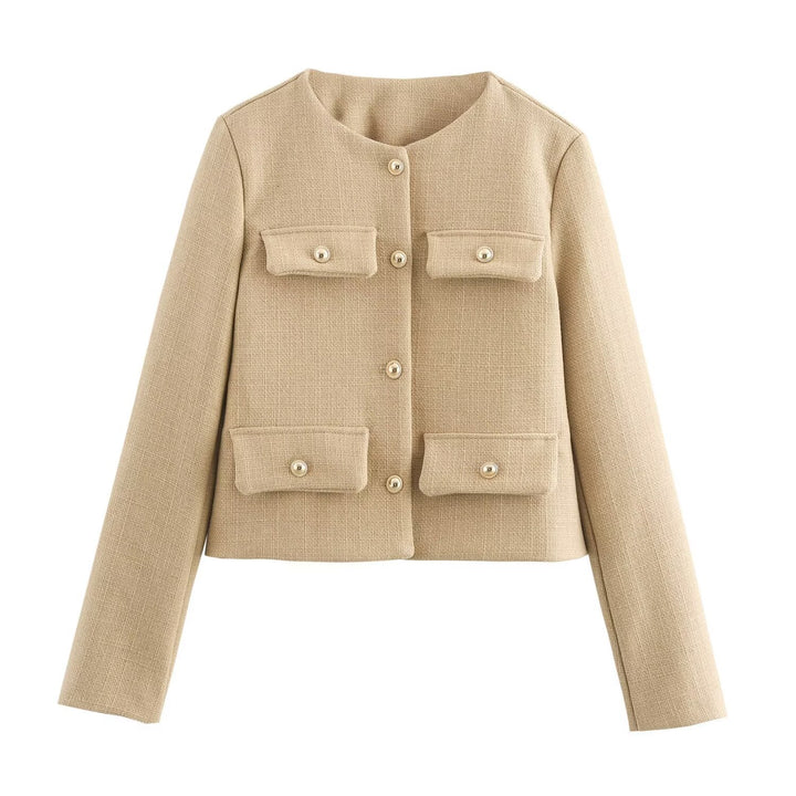 Women Short Boucle Blazer Jacket with Round Neck, Decorative Pocket Flaps, and Gold-Colored Buttons Mune Fashion