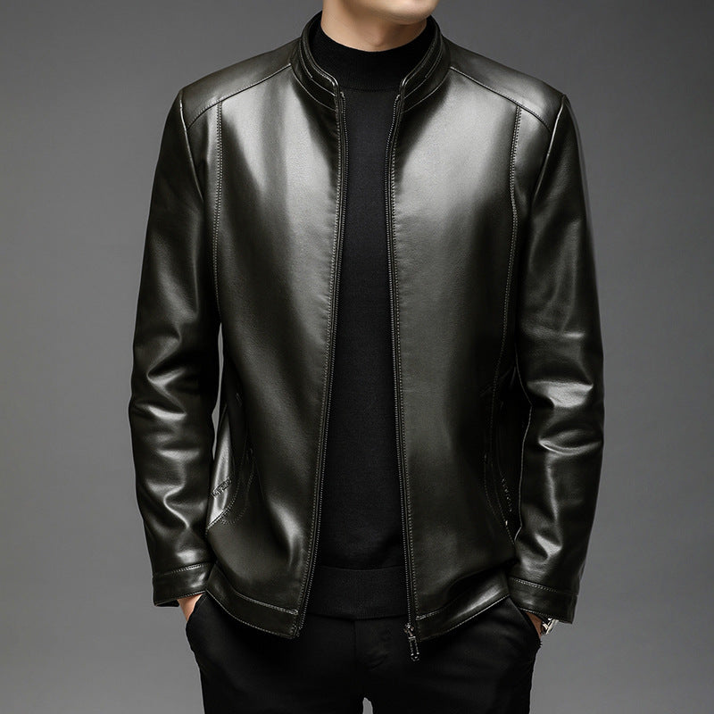 Men's Minimalistic Leather Look Transitional Jacket with Stand Collar and Two-Way Zipper Mune Fashion