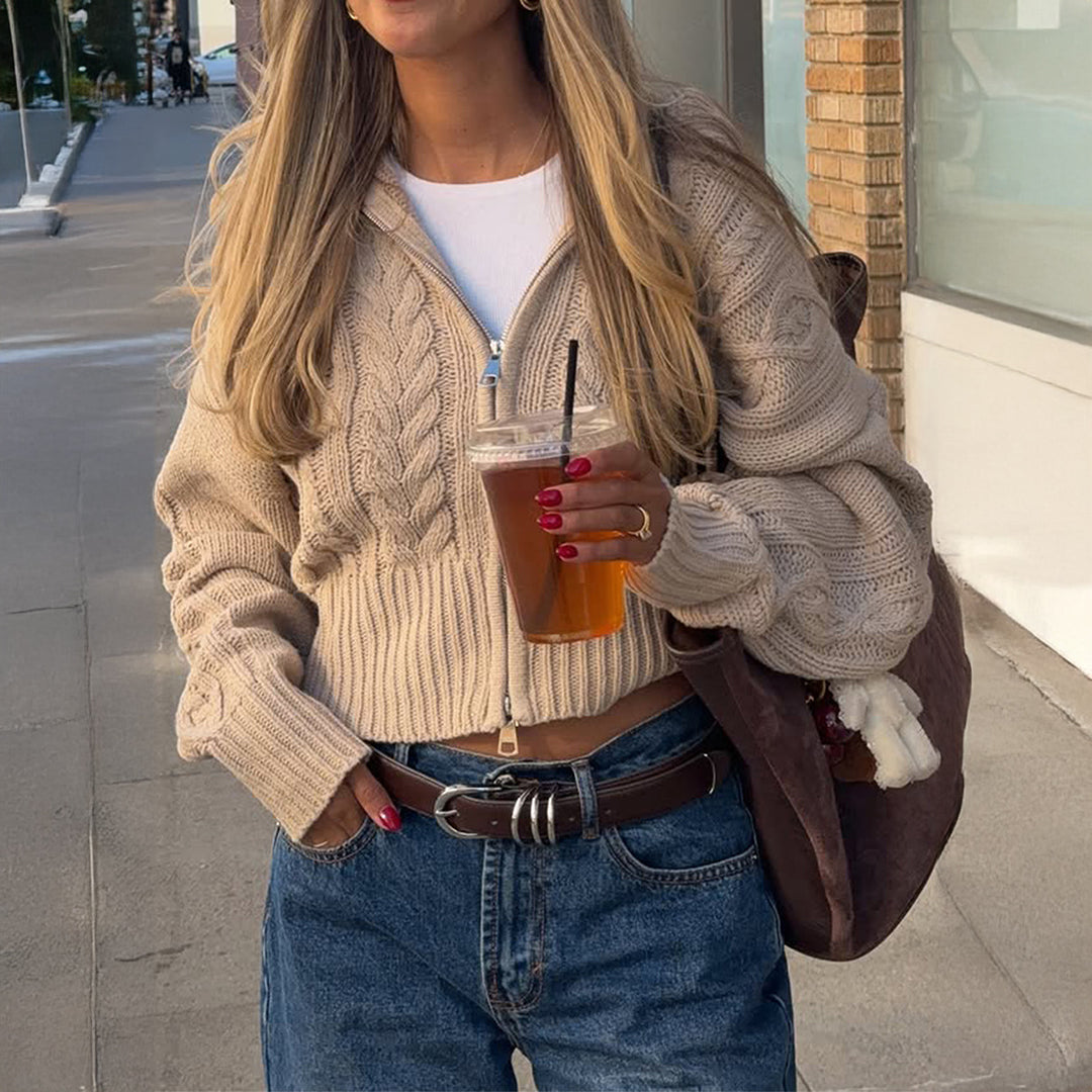 Women's cropped braid knit cardigan with full zipper, stand collar, and balloon sleeves Mune Fashion