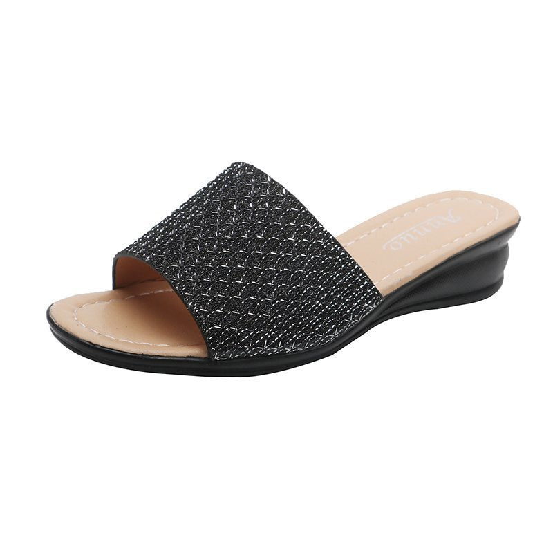 Women's glitter slide sandals with wide strap front, open toe area, cushioned comfort footbed, and lightweight wedge heel Mune Fashion