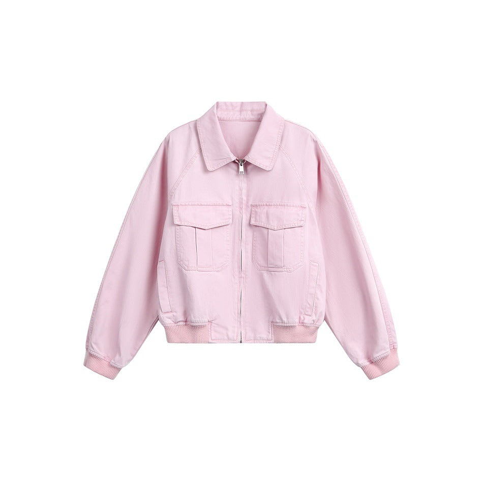 Women's cropped boxy bomber jacket made of cotton blend with flap pockets and full-length zipper Mune Fashion