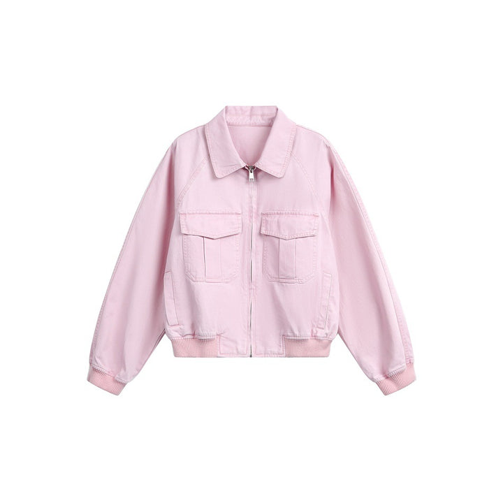 Women's cropped boxy bomber jacket made of cotton blend with flap pockets and full-length zipper Mune Fashion