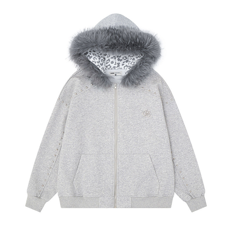 Women's hooded sweat jacket with faux fur trim, leopard lining and decorative studs Mune Fashion