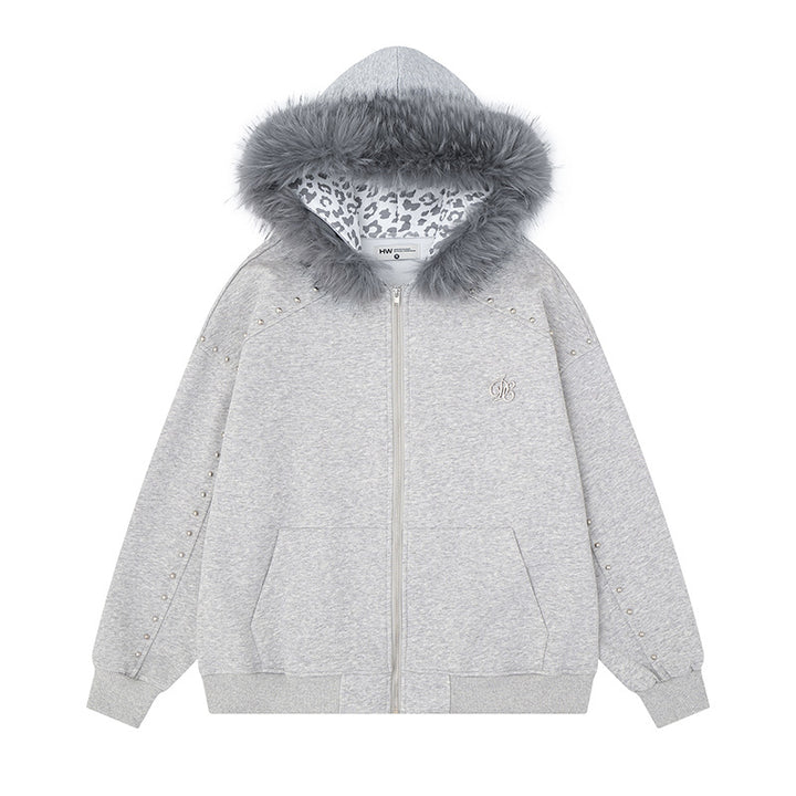 Women's hooded sweat jacket with faux fur trim, leopard lining and decorative studs Mune Fashion