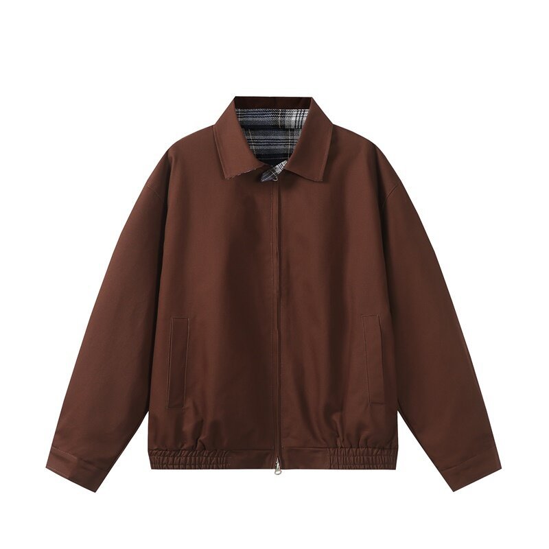 Unisex Short-Cut Boxy Blouson Jacket with Checked Stand Collar, Elastic Hem, and Two-Way Zipper Mune Fashion