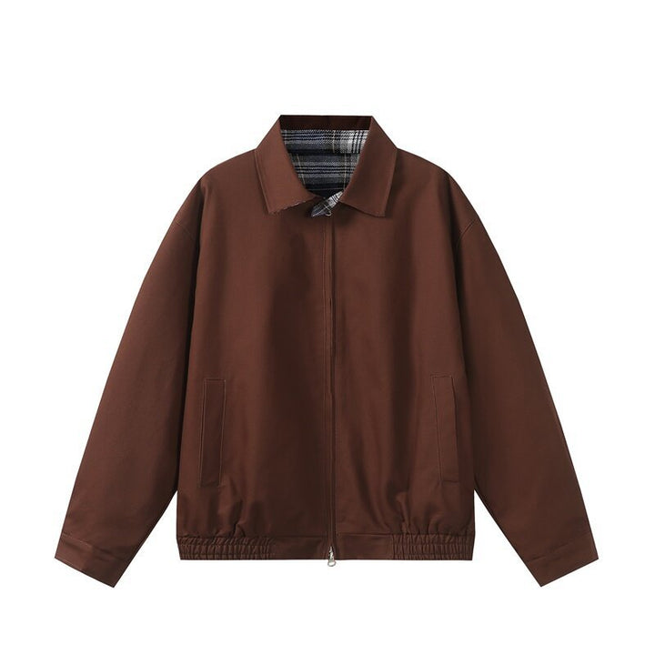 Unisex Short-Cut Boxy Blouson Jacket with Checked Stand Collar, Elastic Hem, and Two-Way Zipper Mune Fashion