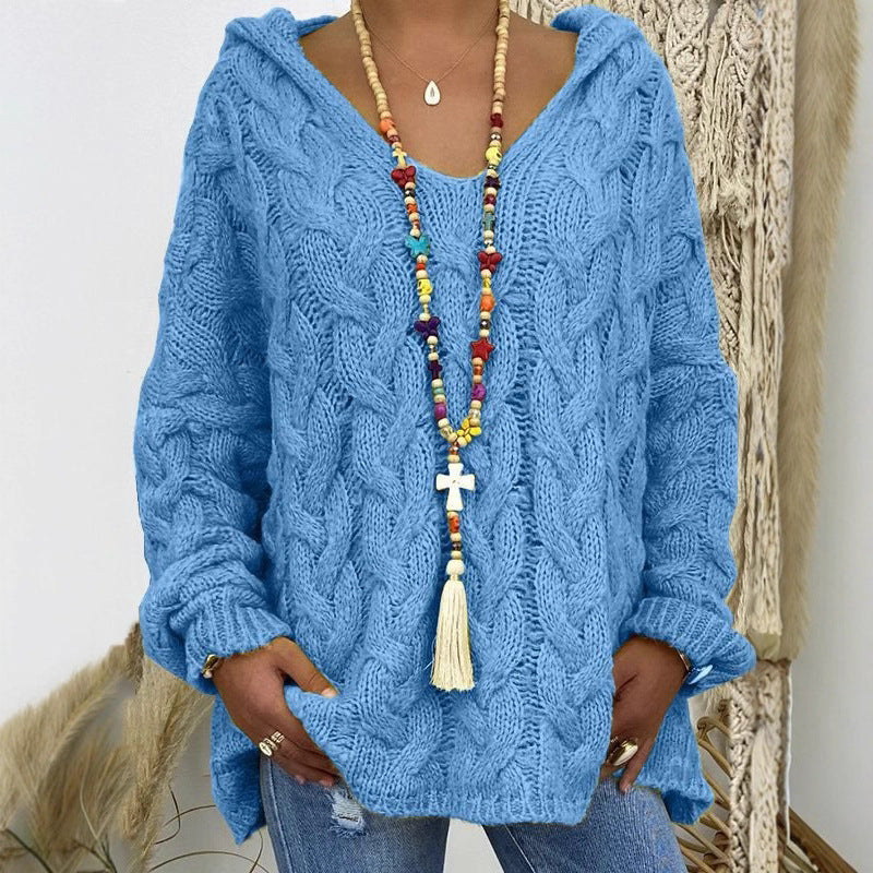 Women Oversized Cable Knit Sweater with Hood and Casual V-Neck Mune Fashion