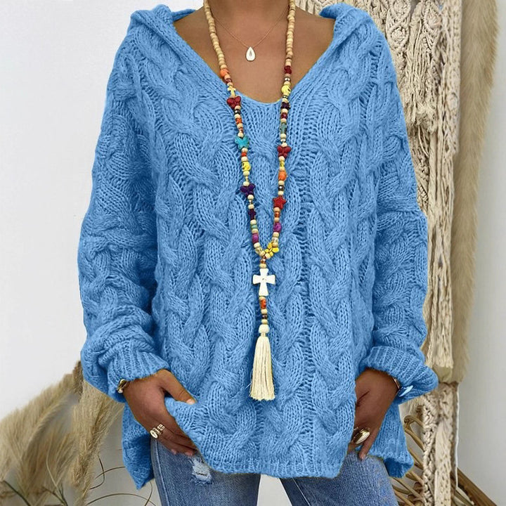 Women Oversized Cable Knit Sweater with Hood and Casual V-Neck Mune Fashion