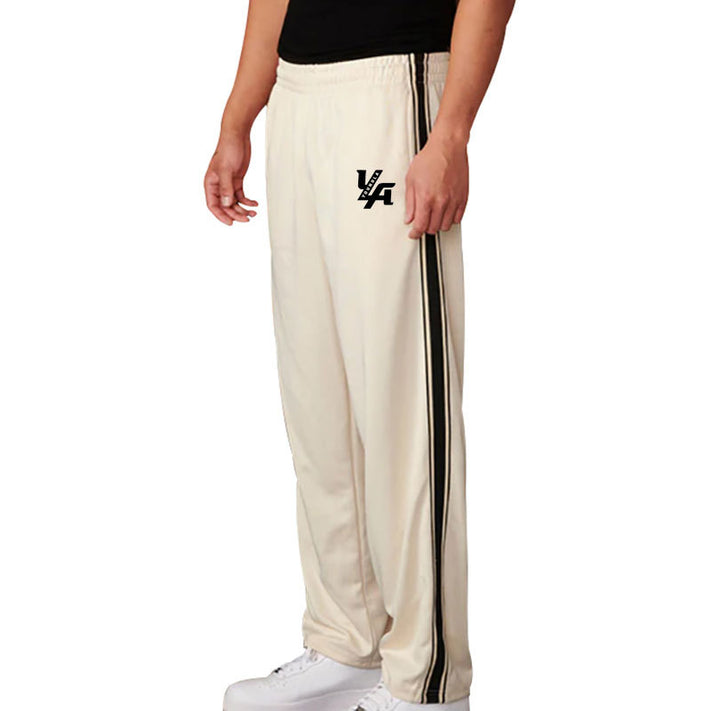 Men's straight-cut training pants with elastic comfort waistband, side double stripe, and thigh logo print Mune Fashion