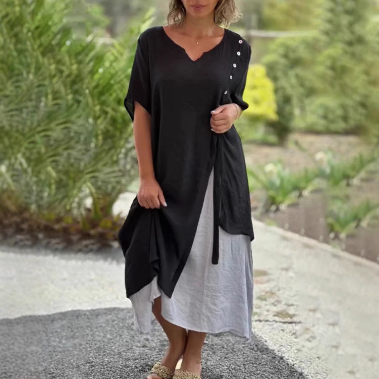 Women’s two-layer layered dress with asymmetric hem and decorative button placket Mune Fashion