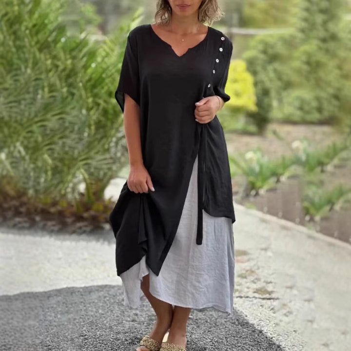 Women’s two-layer layered dress with asymmetric hem and decorative button placket Mune Fashion