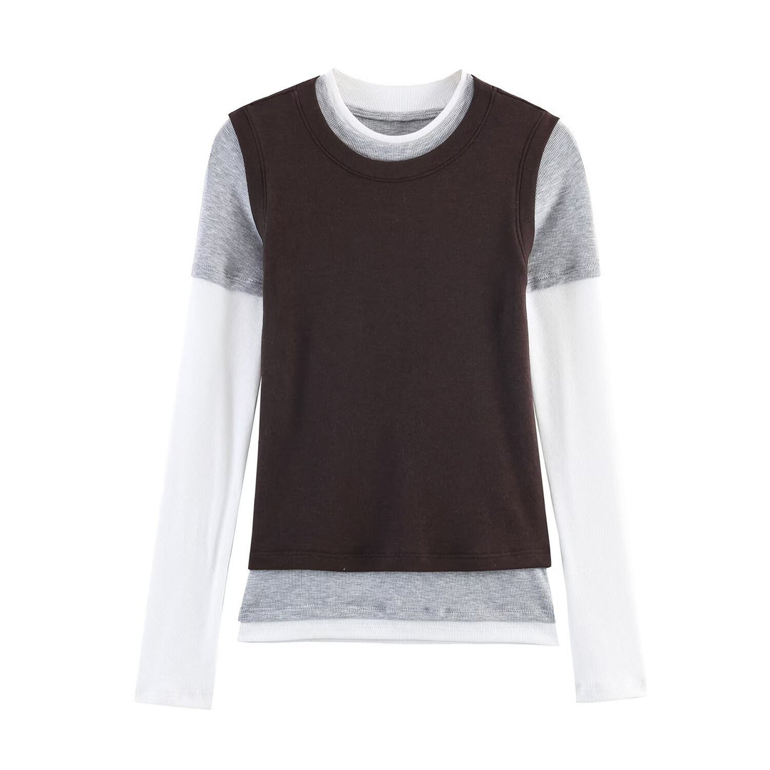 Women's Layered Look Long Sleeve with Integrated Short Sleeve Overlay Mune Fashion