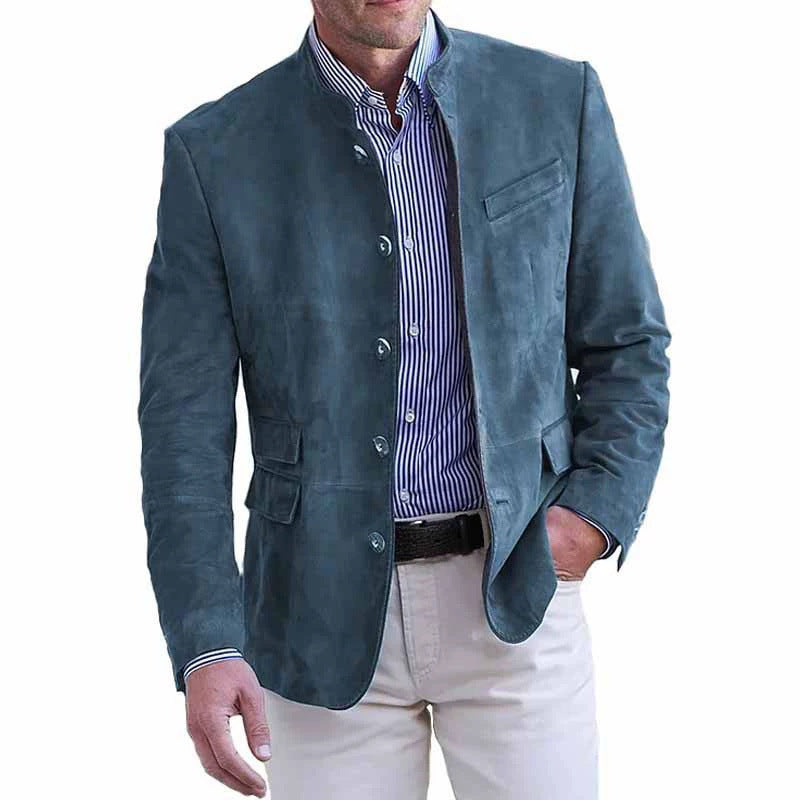 Men's Velour Leather Blazer with Stand Collar and Flap Pockets Mune Fashion