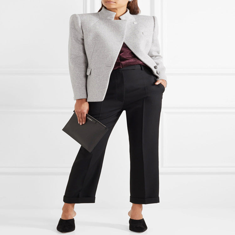 Women Tailored Wool Blend Blazer with Stand Collar, Structured Shoulder and Flap Pockets Mune Fashion