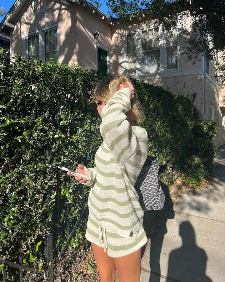 Women striped knit loungewear set with wide sweater and drawstring shorts Mune Fashion