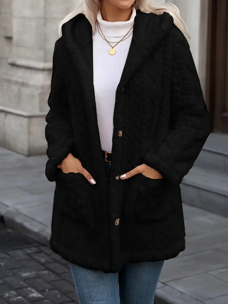 Women's Cozy Teddy Jacket with Hood, Button Placket and Patch Pockets Mune Fashion