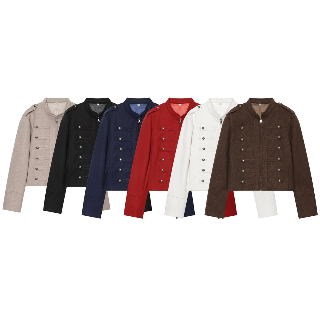 Women's military-inspired wool jacket with stand-up collar zipper and decorative button placket Mune Fashion
