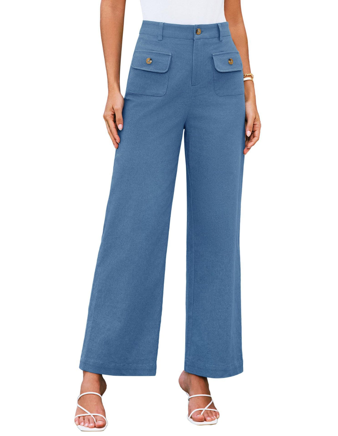 Women's High-Waist Wide-Leg Trousers with Button-Flap Patch Pockets Mune Fashion