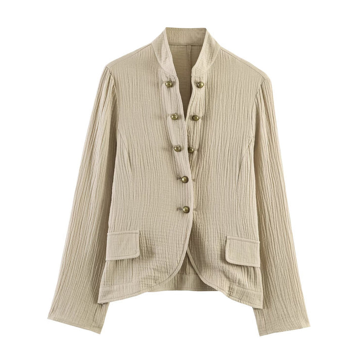 Women Structured Stand Collar Jacket with Decorative Metal Buttons Mune Fashion