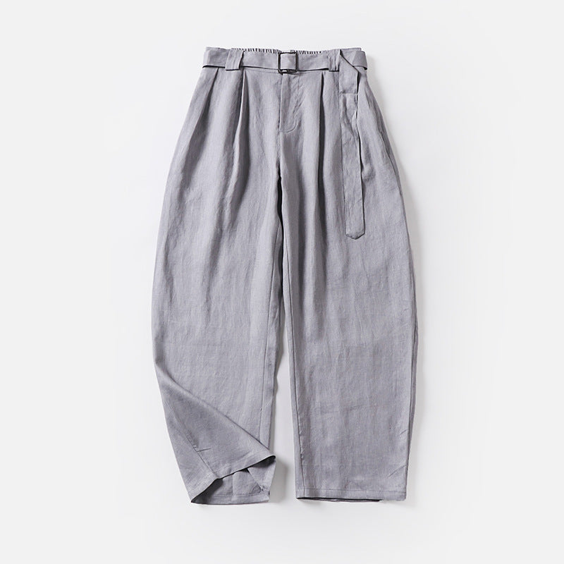 Women's High-Waisted Linen-Cotton Pleated Trousers with Tied Belt and Tapered Leg Mune Fashion