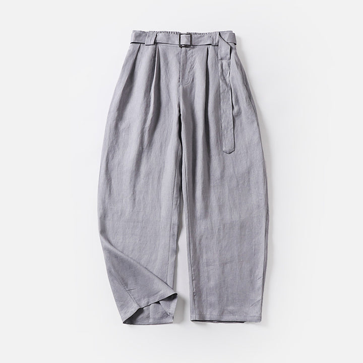 Women's High-Waisted Linen-Cotton Pleated Trousers with Tied Belt and Tapered Leg Mune Fashion