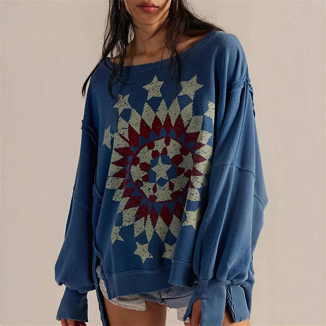 Women oversized sweatshirt with beet print, fringed seam accents and thumbhole sleeves Mune Fashion
